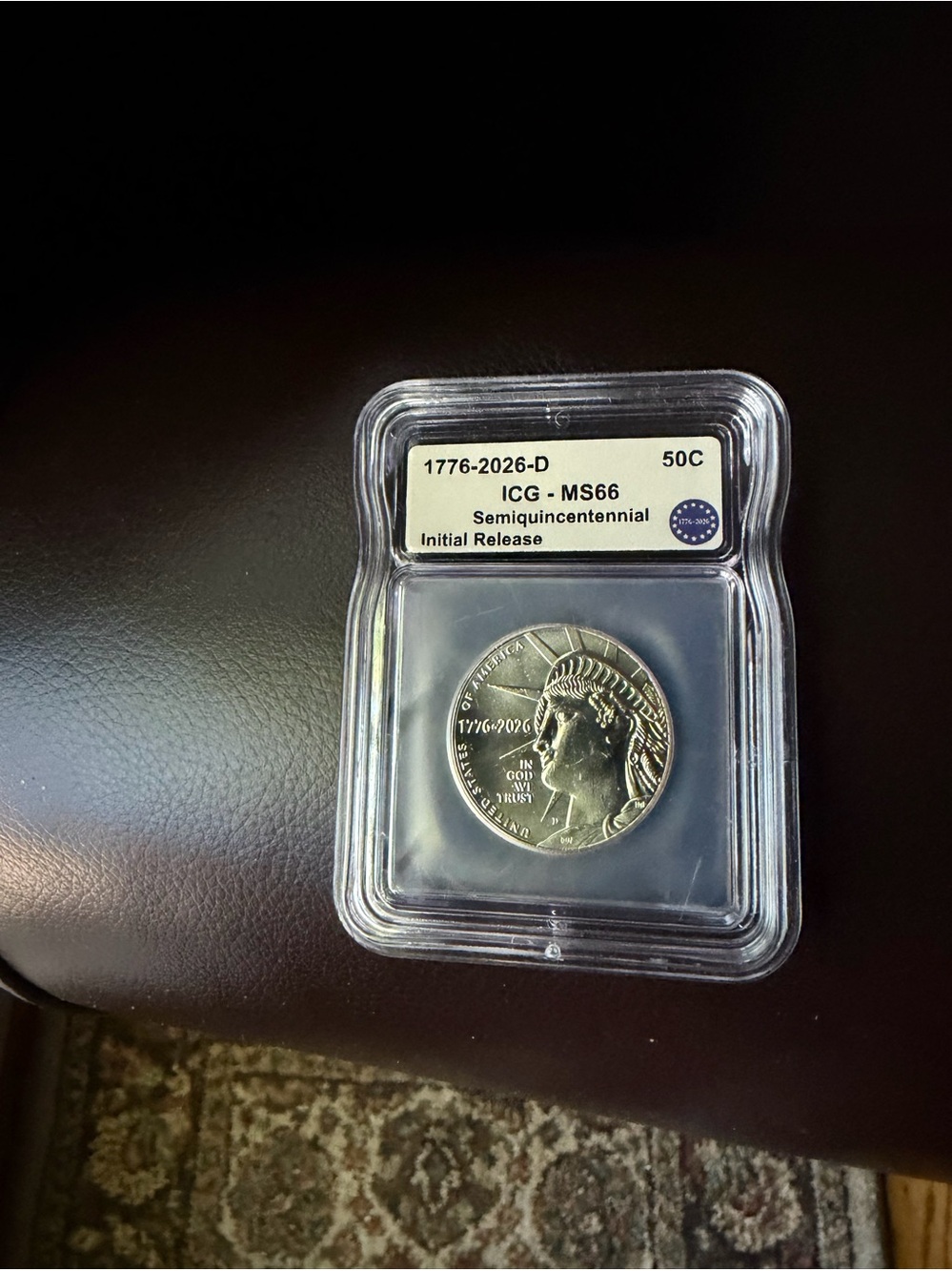 Graded 1776-2026 Semiquicentennial 50C Coin in Clear Holder - Silver Tone